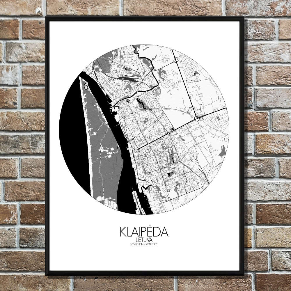 Mapospheres Klaipeda Black and White round shape design poster city map