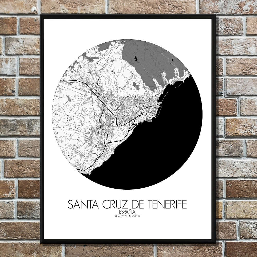 Mapospheres Santa Cruz de Tenerife Black and White round shape design poster affiche city map
