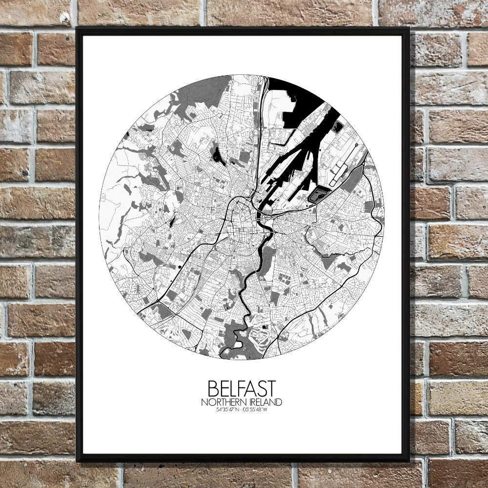 Mapospheres Belfast Black and White round shape design poster city map