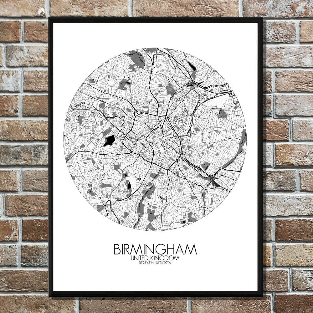 Mapospheres Birmingham Black and White round shape design poster city map