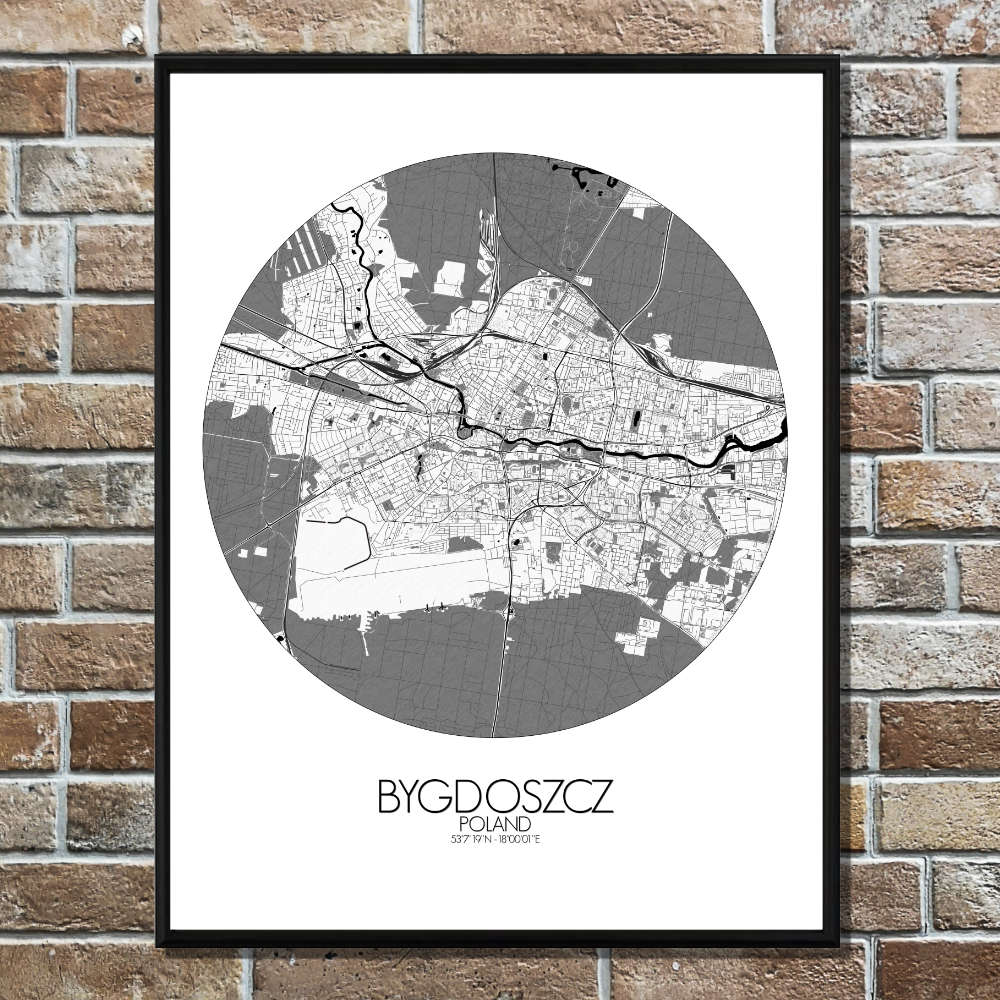 Mapospheres Bygdoszcz Black and White round shape design poster city map