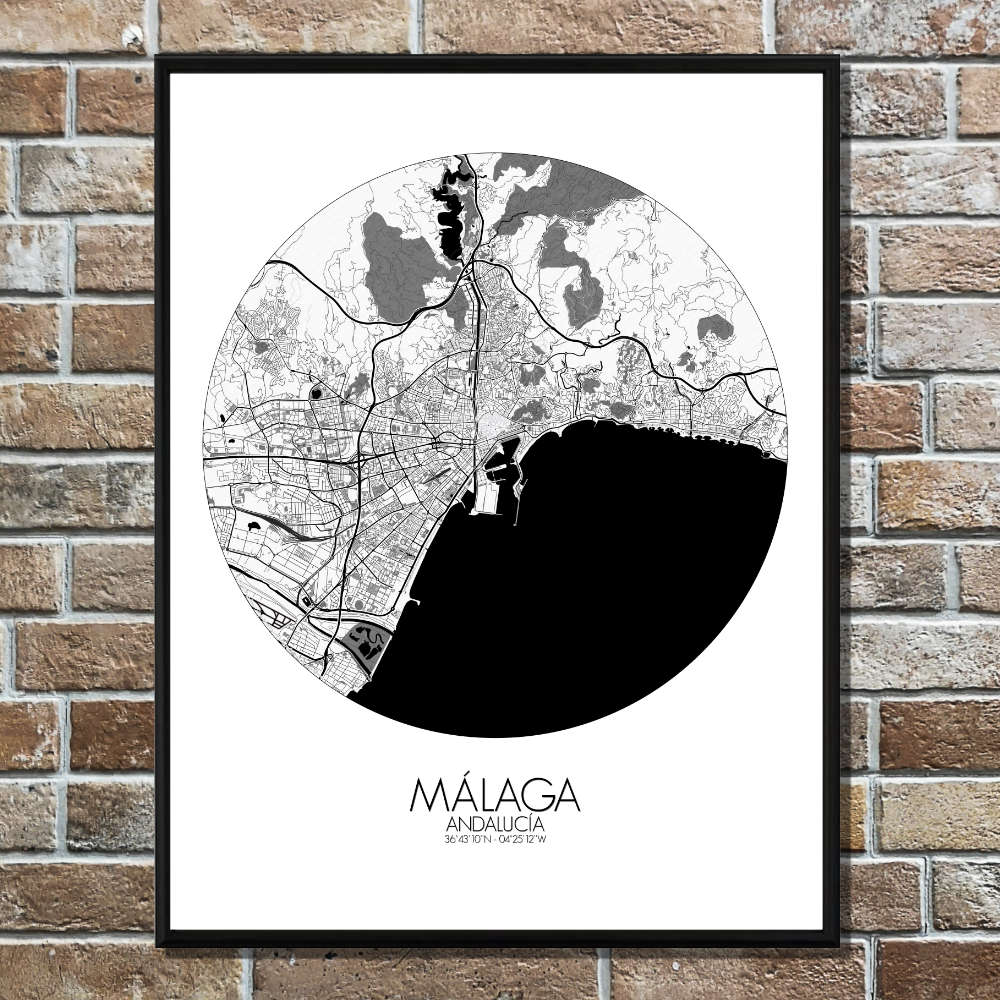 Mapospheres Malaga Black and White round shape design poster affiche city map