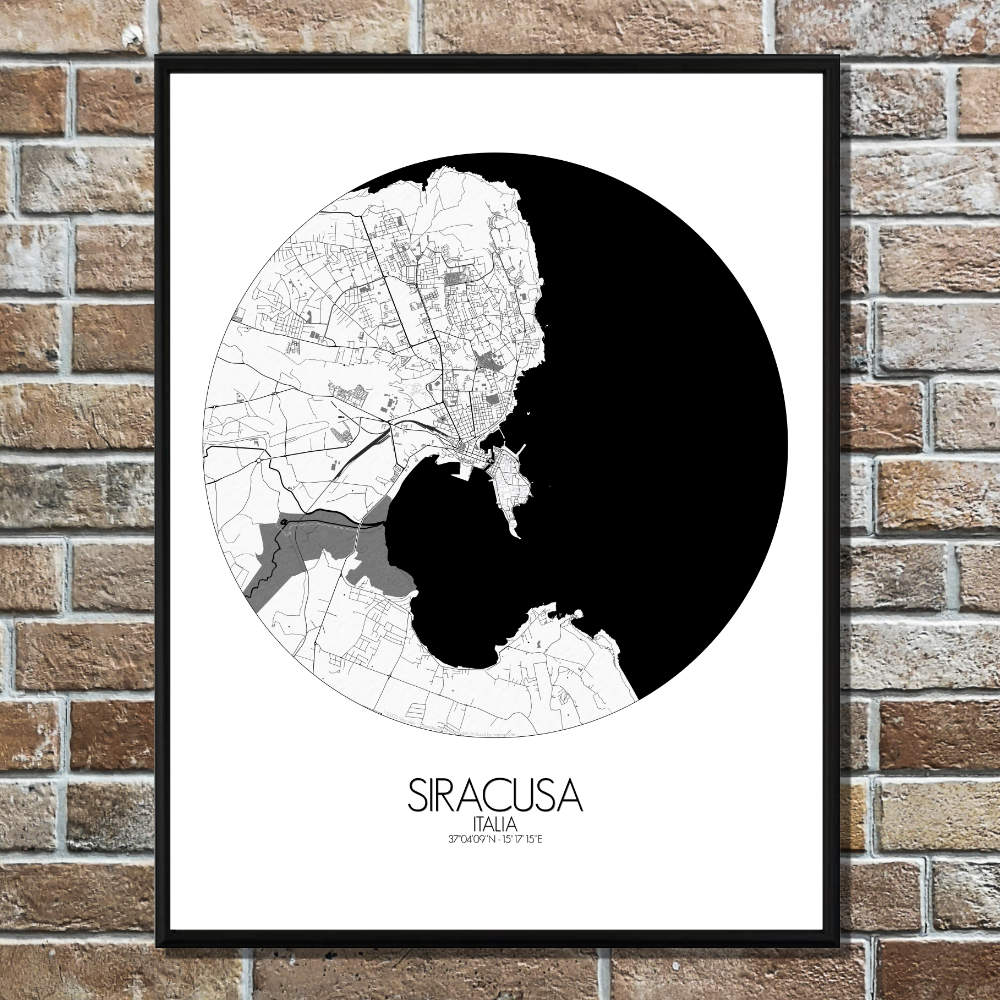 Mapospheres Syracuse Black and White round shape design poster affiche city map