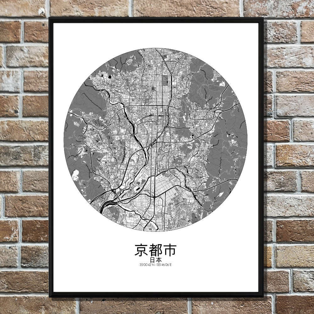 Mapospheres Kyoto Black and White round shape design poster city map