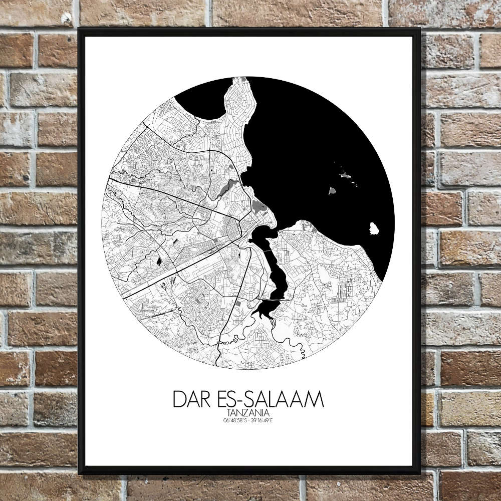 Mapospheres Dar es Salaam Black and White round shape design poster affiche city map