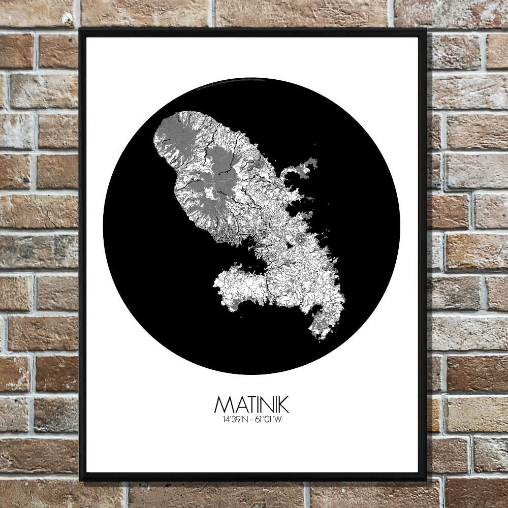 Mapospheres Martinique Black and White round shape design poster city map