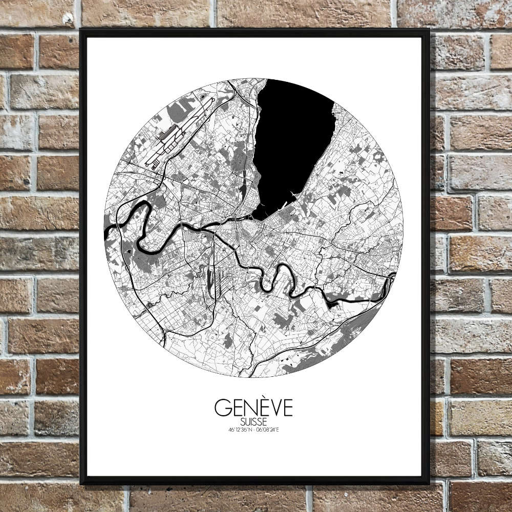 Mapospheres Geneva Black and White round shape design poster city map