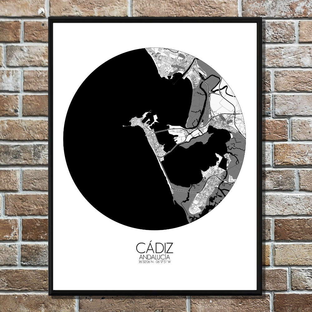 Mapospheres Cadiz Black and White round shape design poster city map