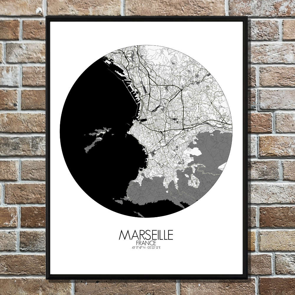 Mapospheres Marseille Black and White round shape design poster affiche city map