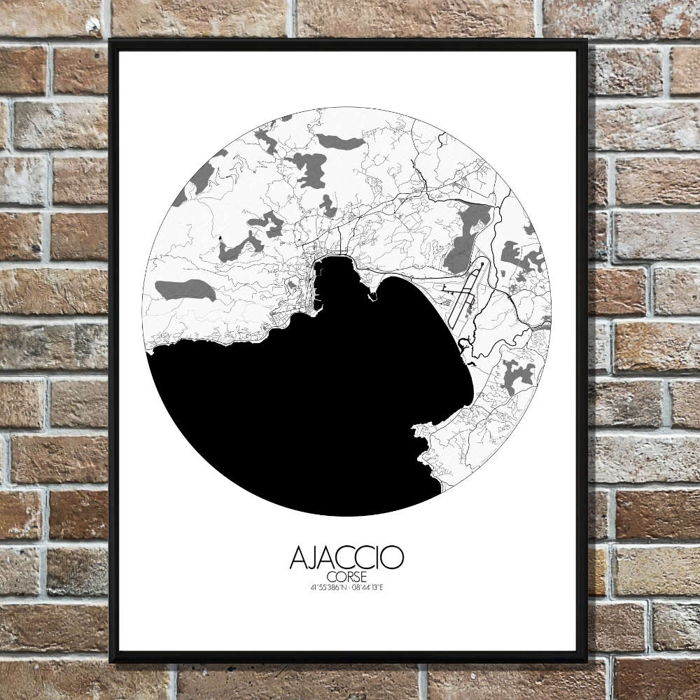 Mapospheres Ajaccio Black and White round shape design poster city map