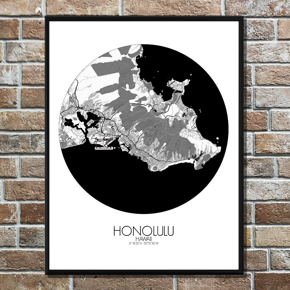 Mapospheres Honolulu Black and White round shape design poster city map