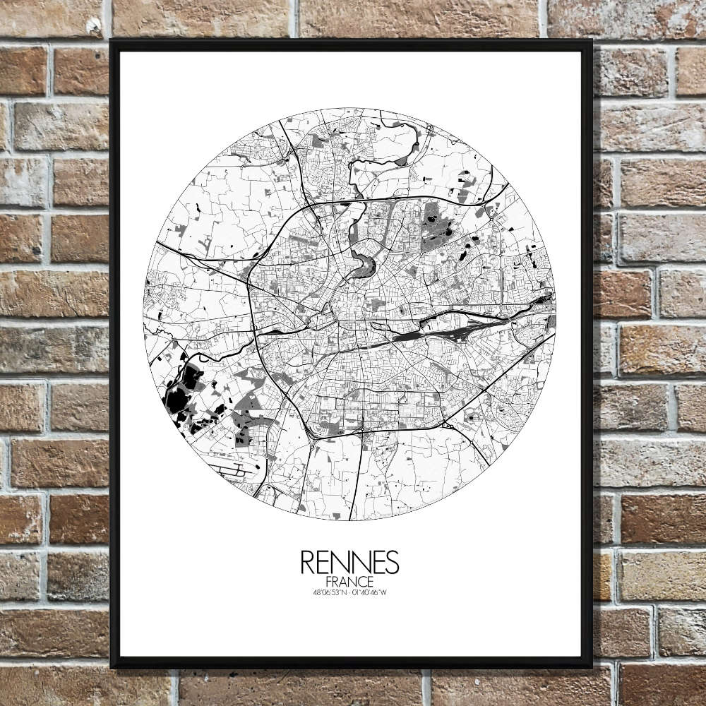 Mapospheres Rennes Black and White round shape design poster city map