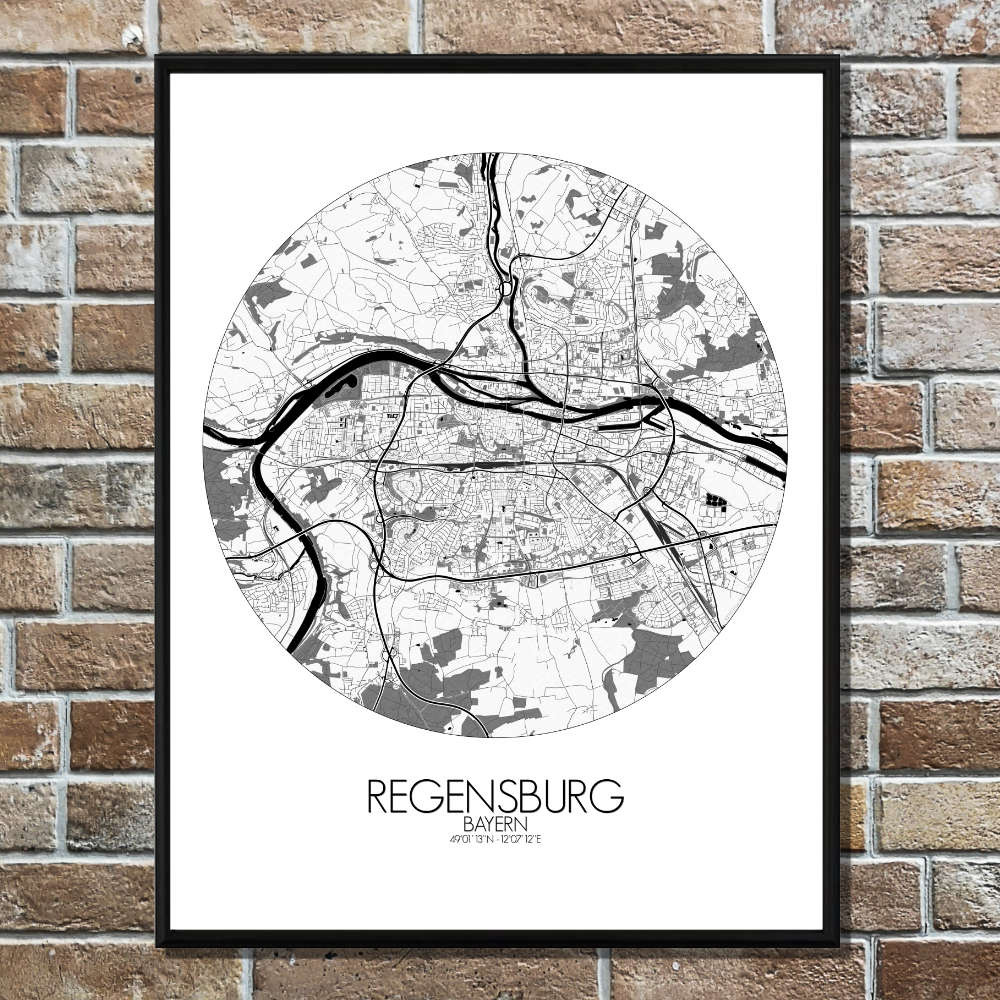 Mapospheres Regensburg Black and White round shape design poster city map