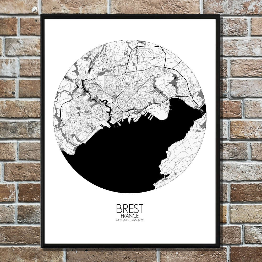 Mapospheres Brest Black and White round shape design paper city map