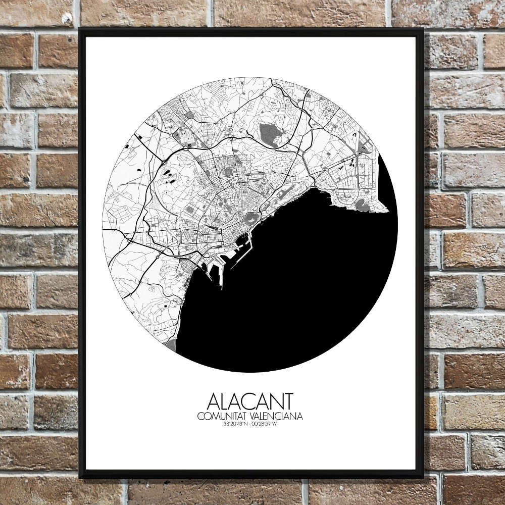 Mapospheres Alicante Black and White round shape design poster affiche city map