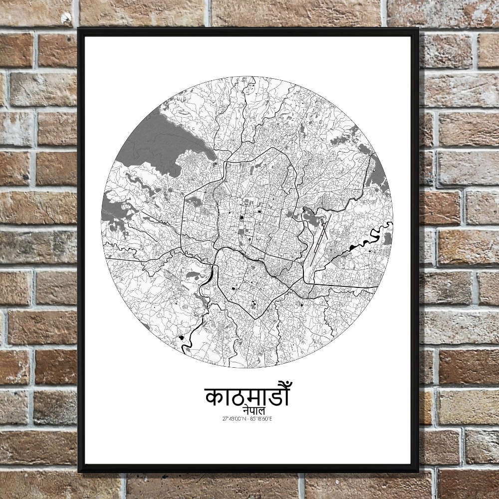 Mapospheres Kathmandu Black and White round shape design poster affiche city map