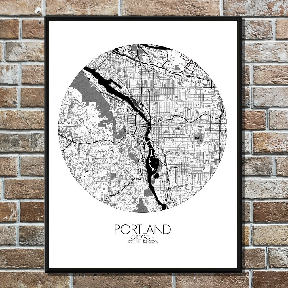 Mapospheres Portland Black and White round shape design poster city map