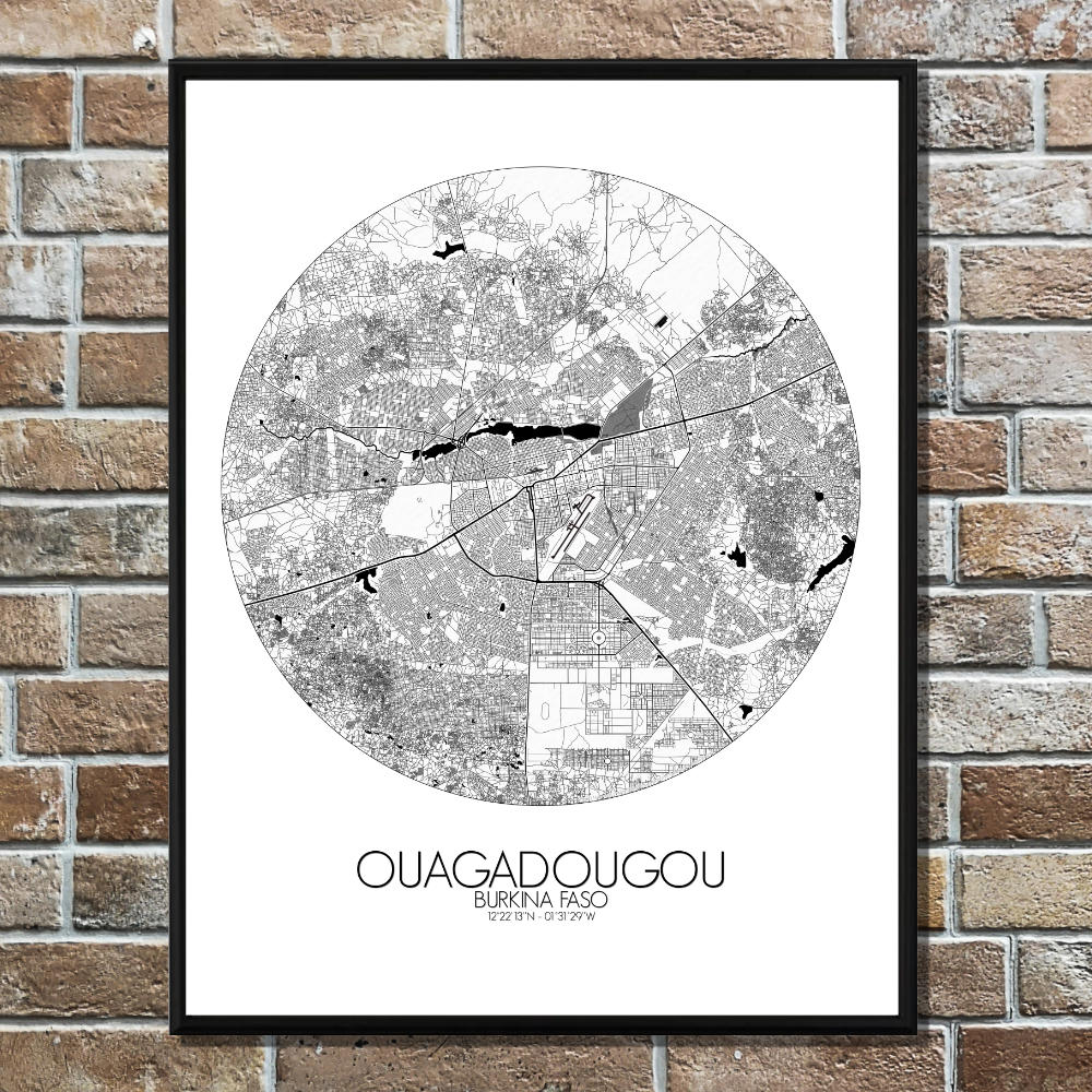 Mapospheres Ouagadougou Black and White round shape design poster city map