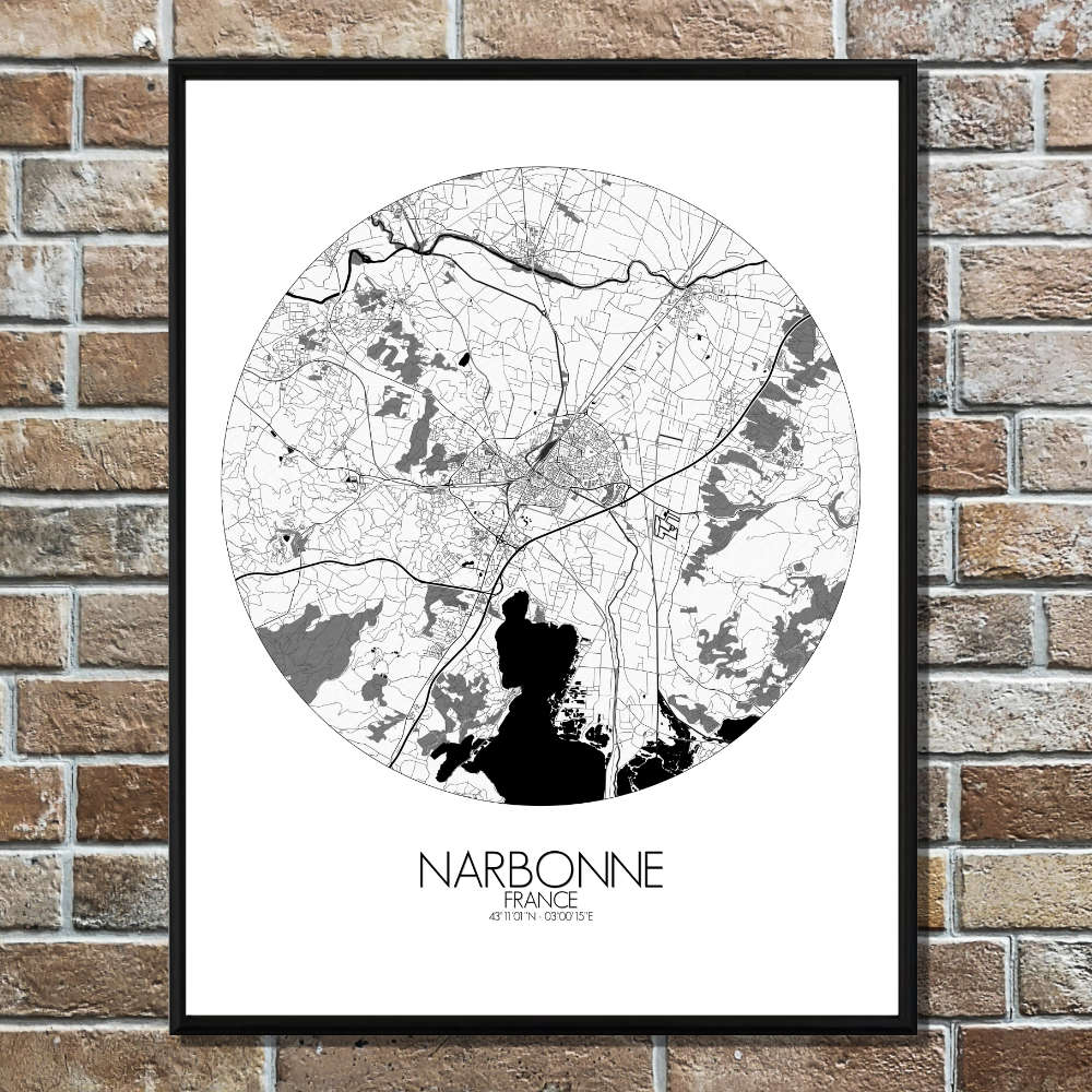 Mapospheres Narbonne Black and White round shape design poster city map