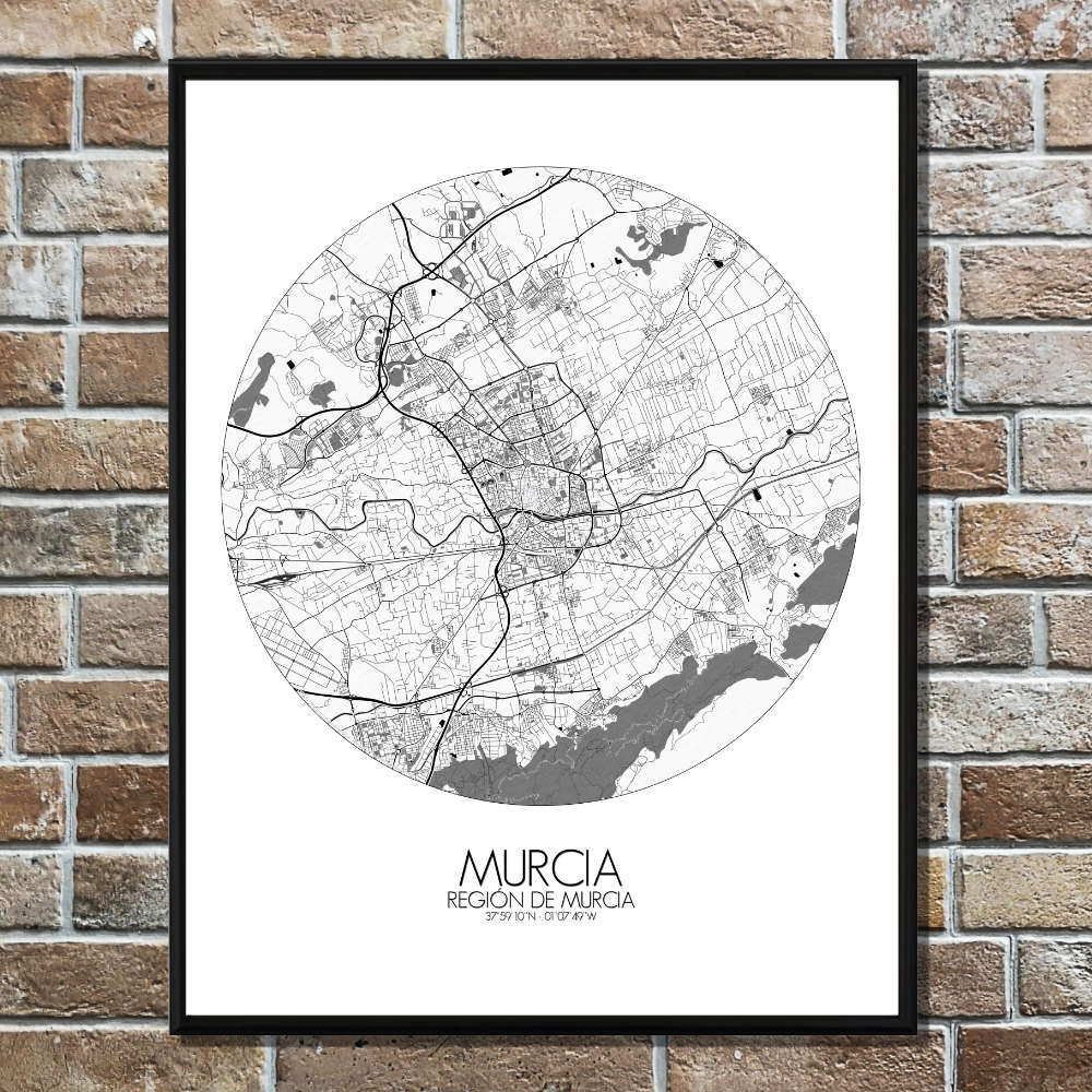 Mapospheres Murcia Black and White round shape design poster affiche city map