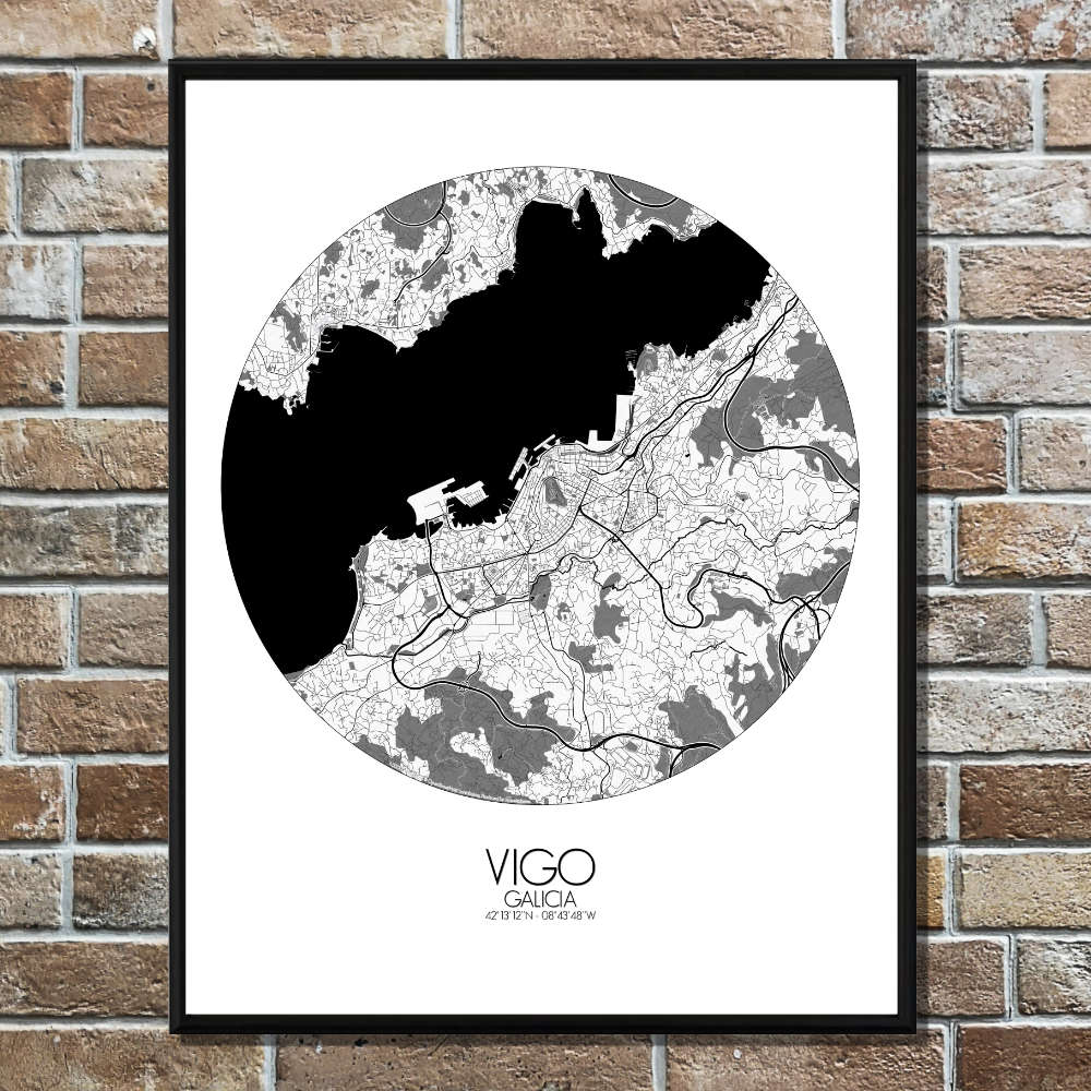 Mapospheres Vigo Black and White round shape design poster affiche city map