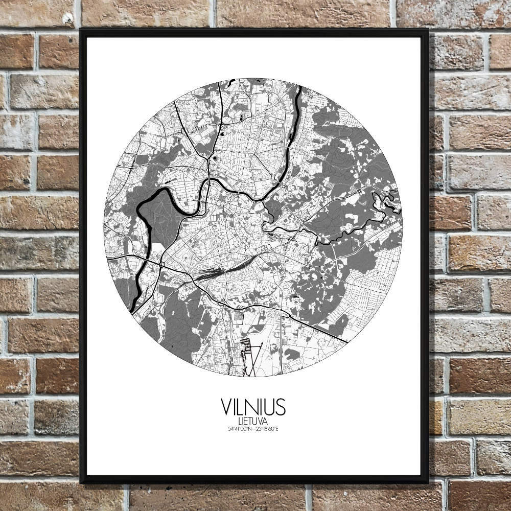 Mapospheres Vilnius Black and White round shape design poster city map