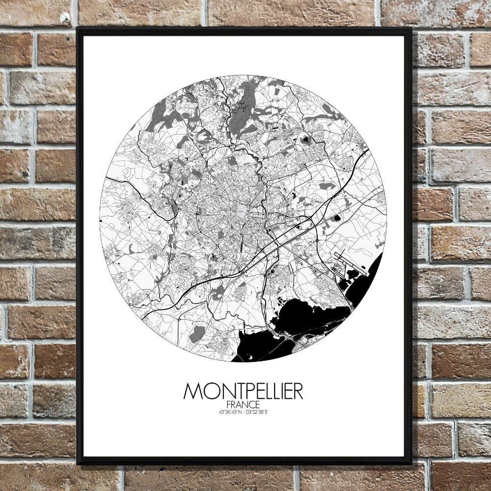 Mapospheres Montpellier Black and White round shape design poster city map