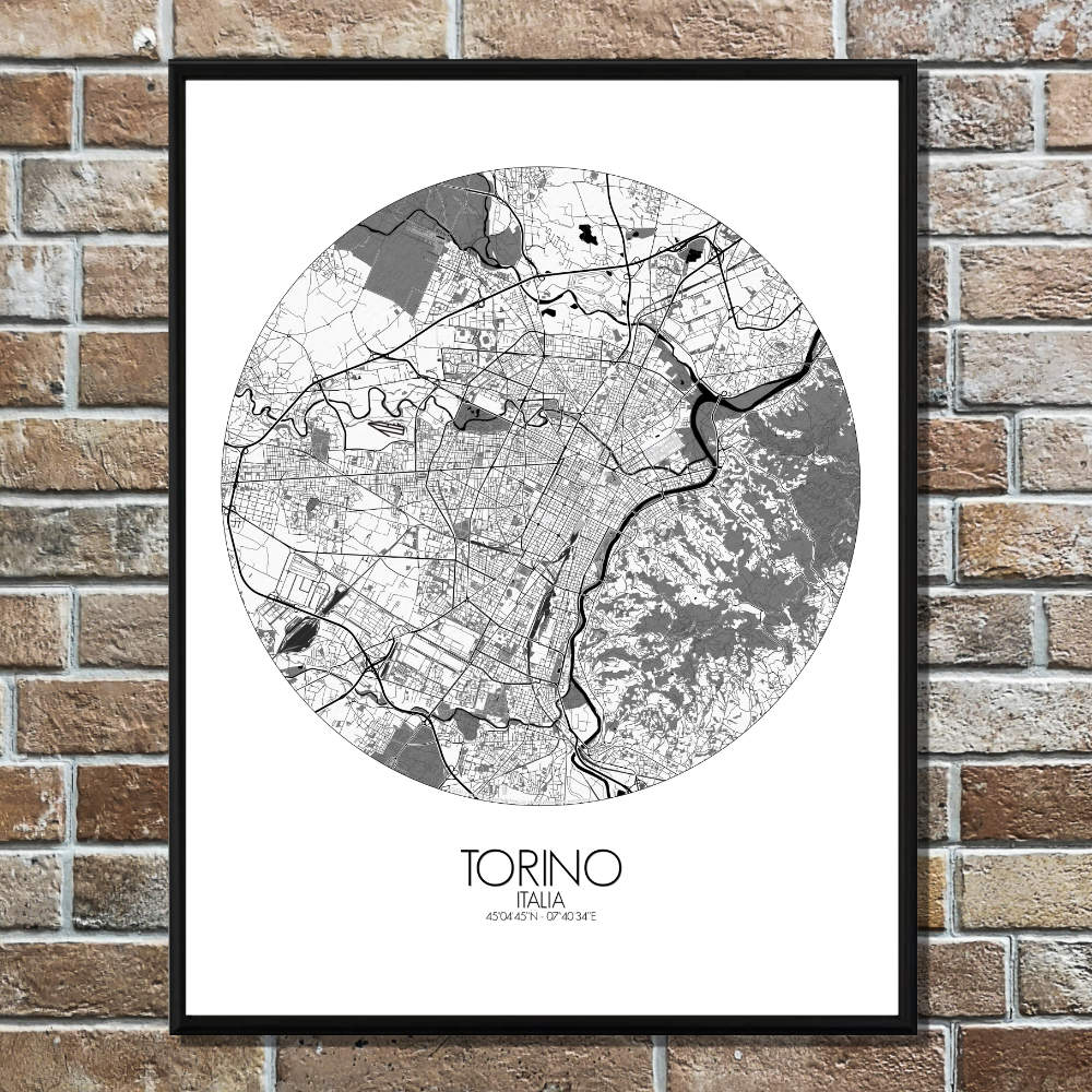 Mapospheres Turin Black and White round shape design poster affiche city map
