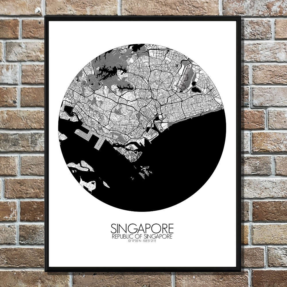 Mapospheres Siingapore Black and White round shape design poster city map