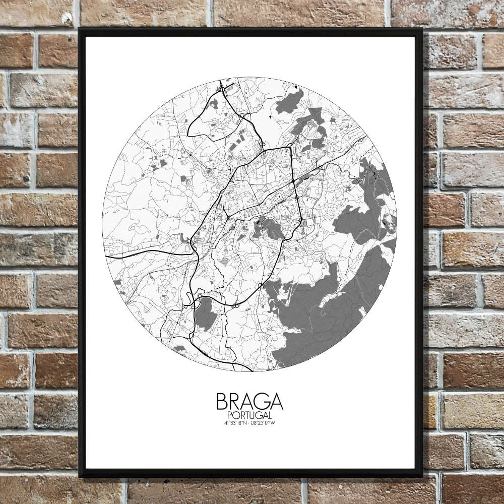 Mapospheres Braga Black and White round shape design poster city map