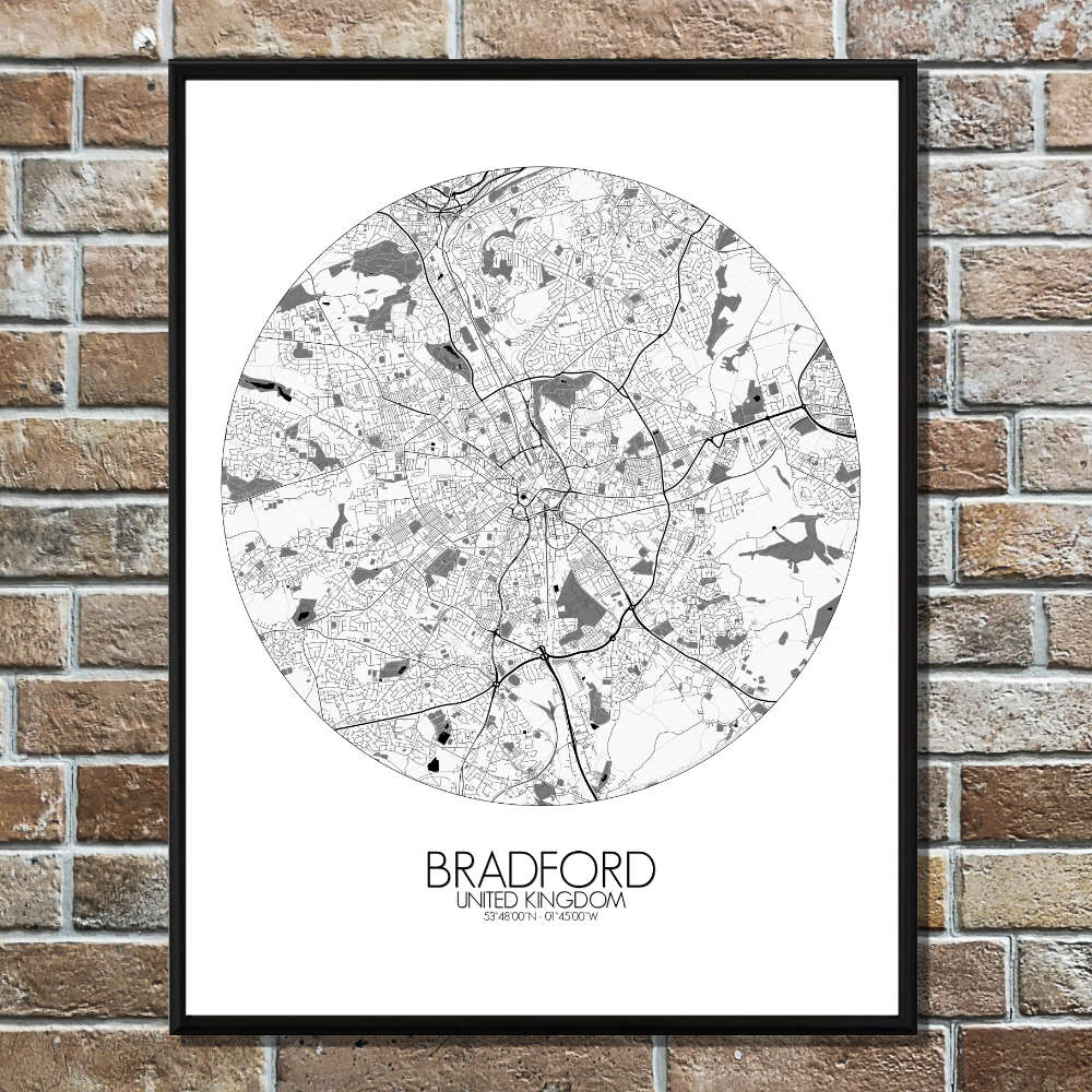 Mapospheres Bradford Black and White round shape design poster city map