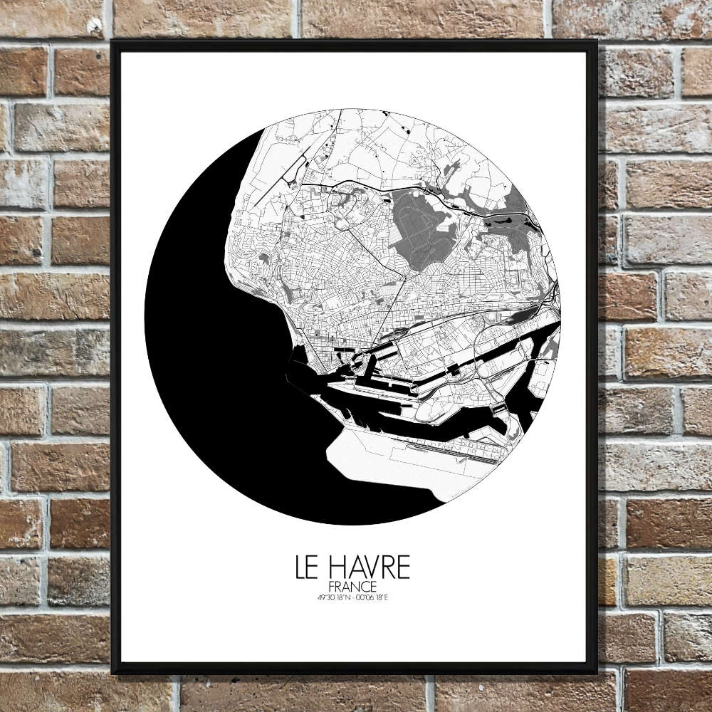 Mapospheres Le Havre Black and White round shape design poster city map