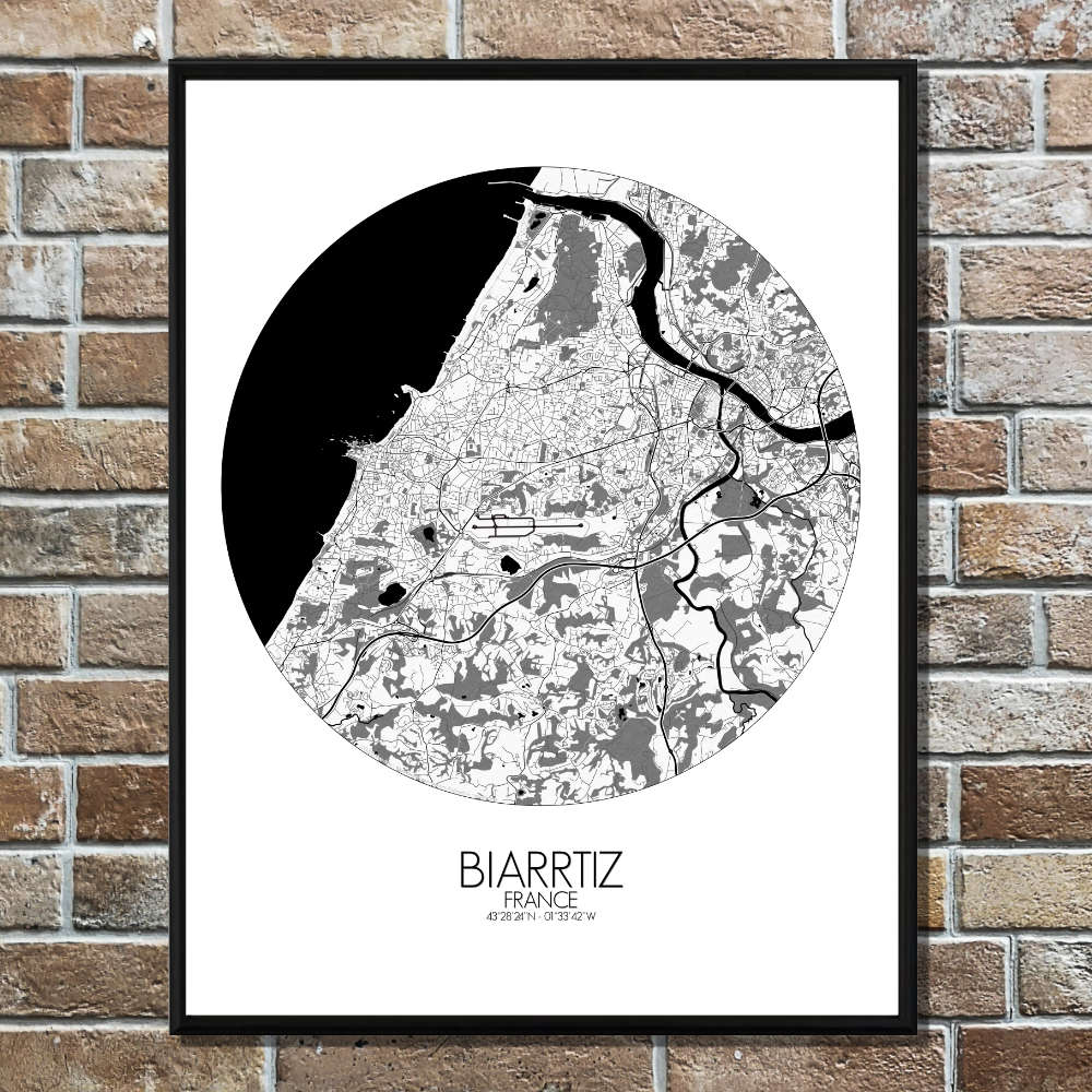 Mapospheres Biarritz Black and White round shape design poster city map