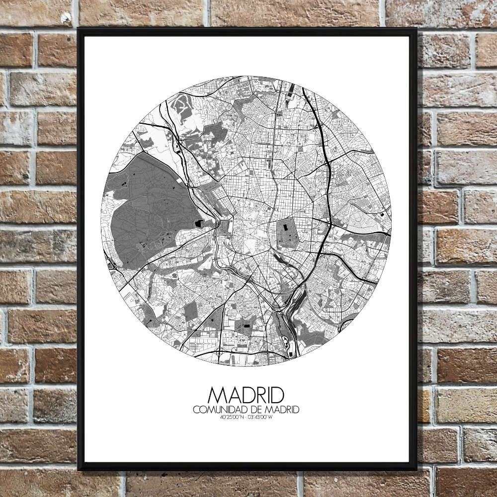 Mapospheres Madrid Black and White round shape design poster affiche city map