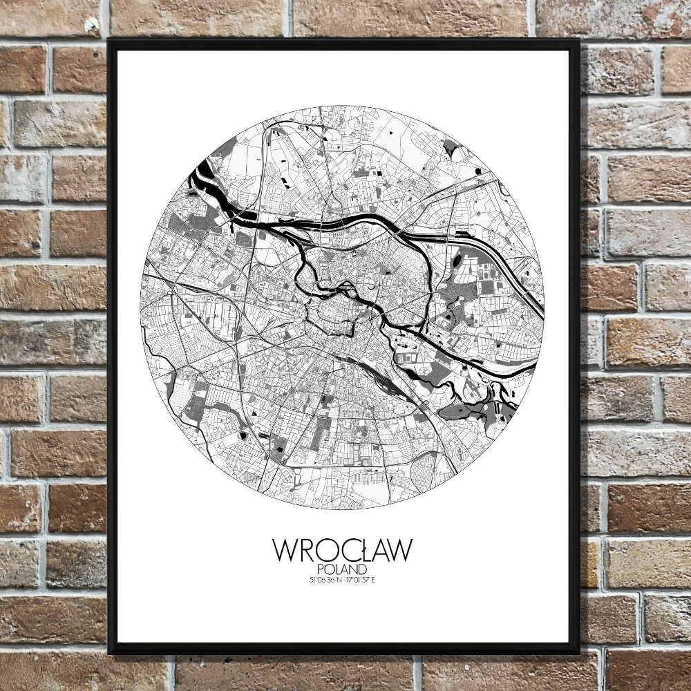 Mapospheres Wroclaw Black and White round shape design poster city map