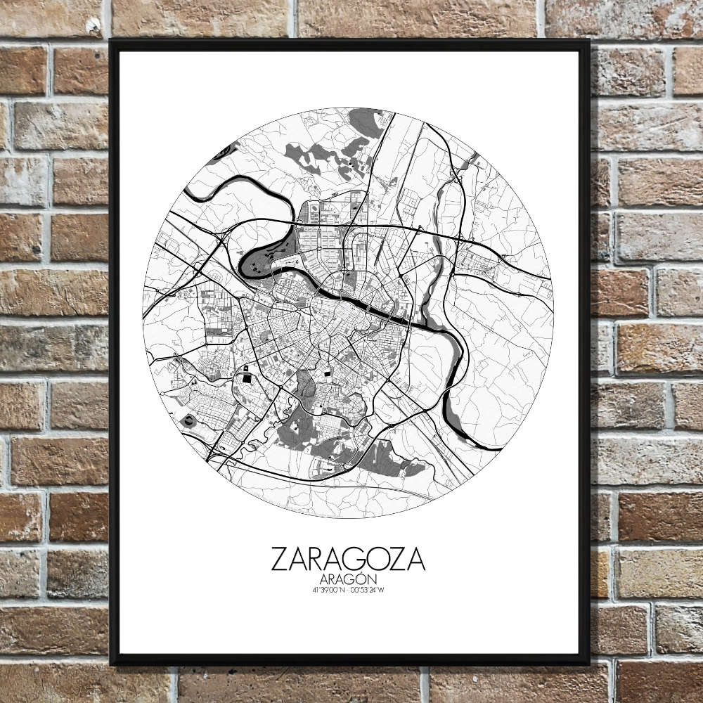 Mapospheres Zaragoza Black and White round shape design poster affiche city map