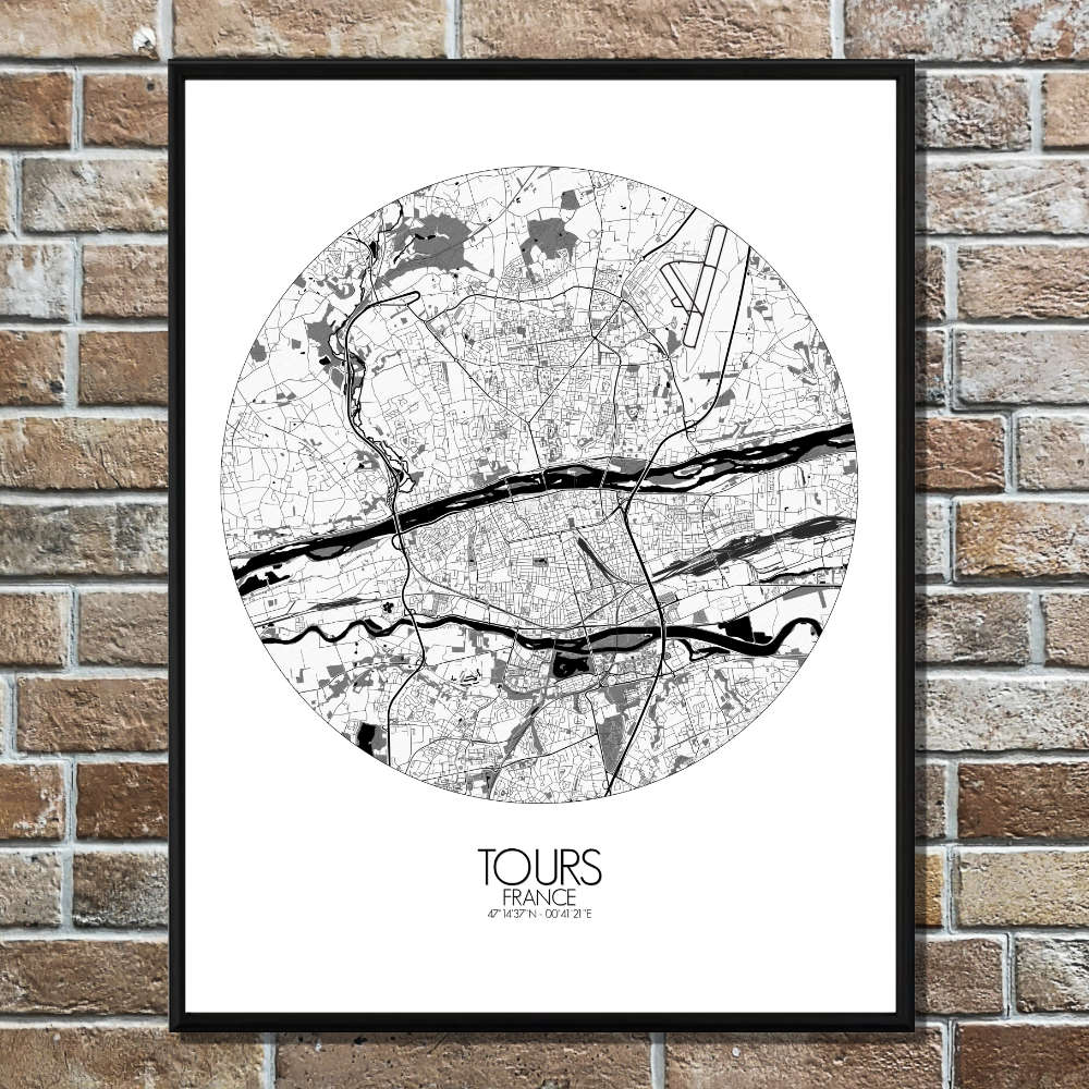 Mapospheres Tours Black and White round shape design poster city map