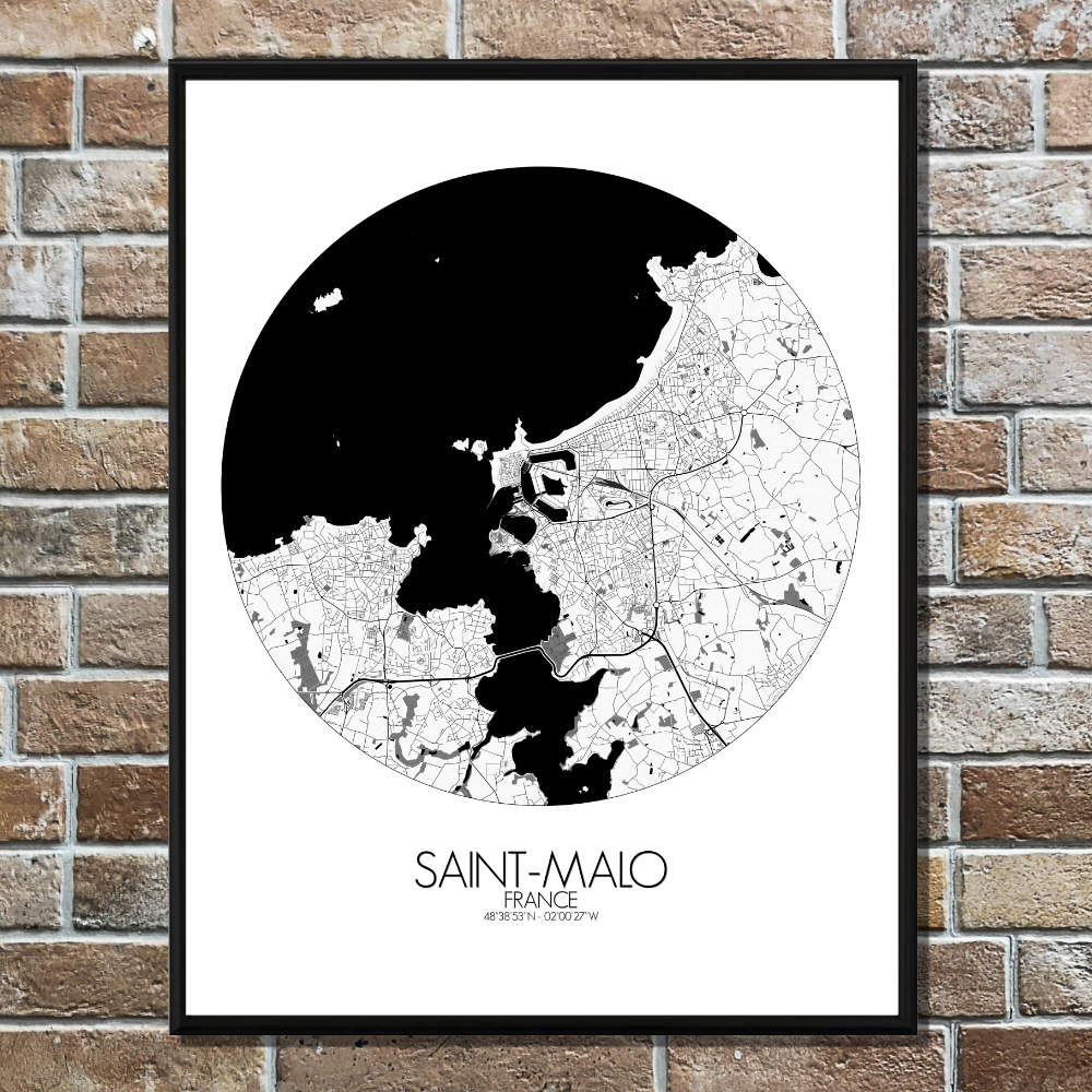 Mapospheres Saint Malo Black and White round shape design poster city map
