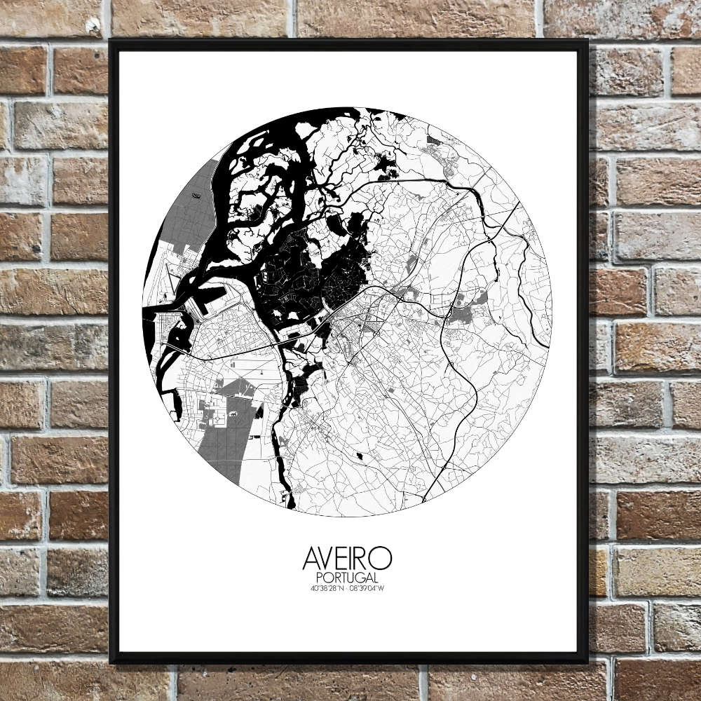 Mapospheres Aveiro Black and White round shape design poster city map