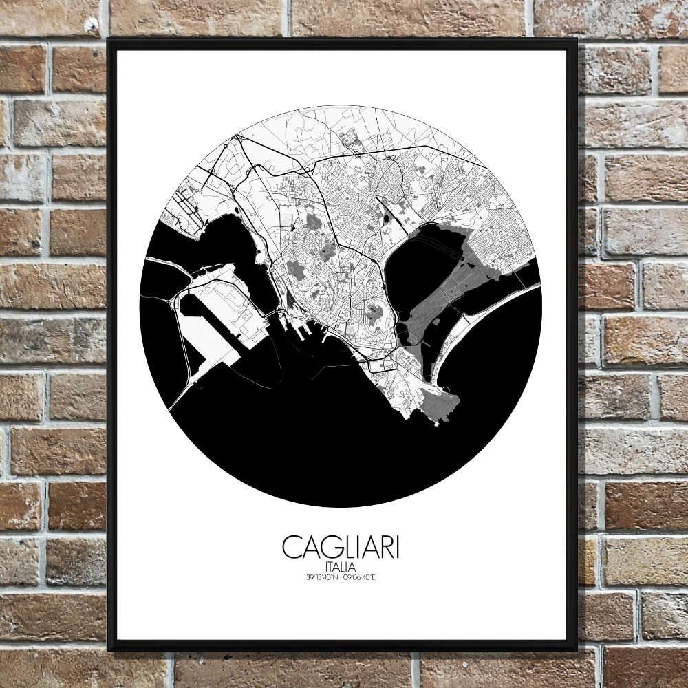 Mapospheres Cagliari Black and White round shape design poster affiche city map