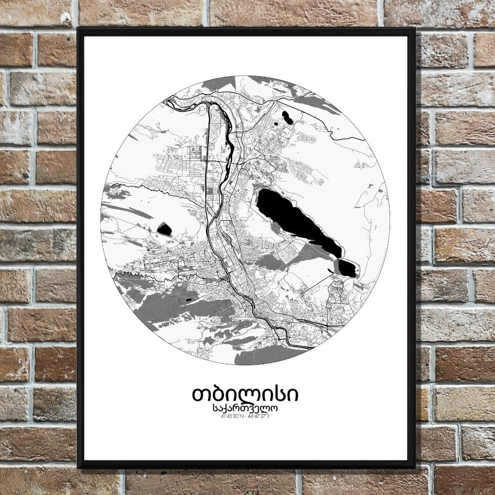 Mapospheres Tbilisi Black and White round shape design poster affiche city map