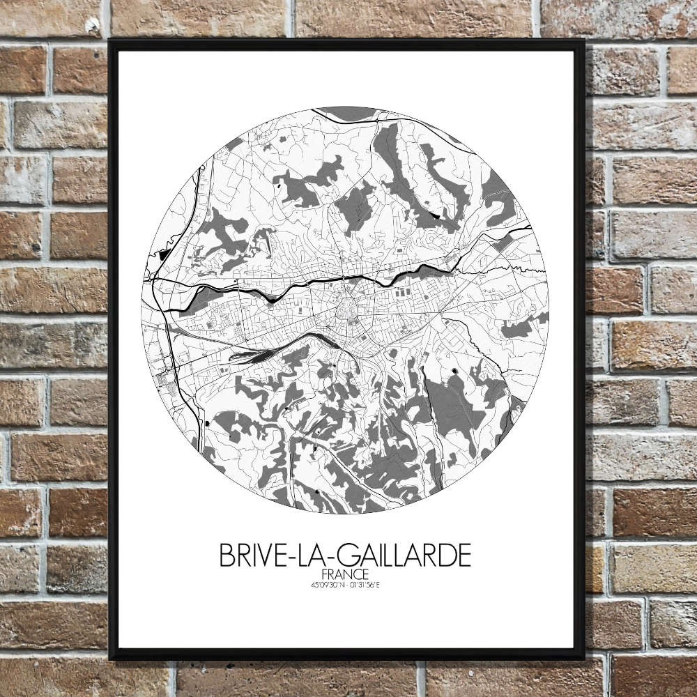 Mapospheres Brive Black and White round shape design poster affiche city map