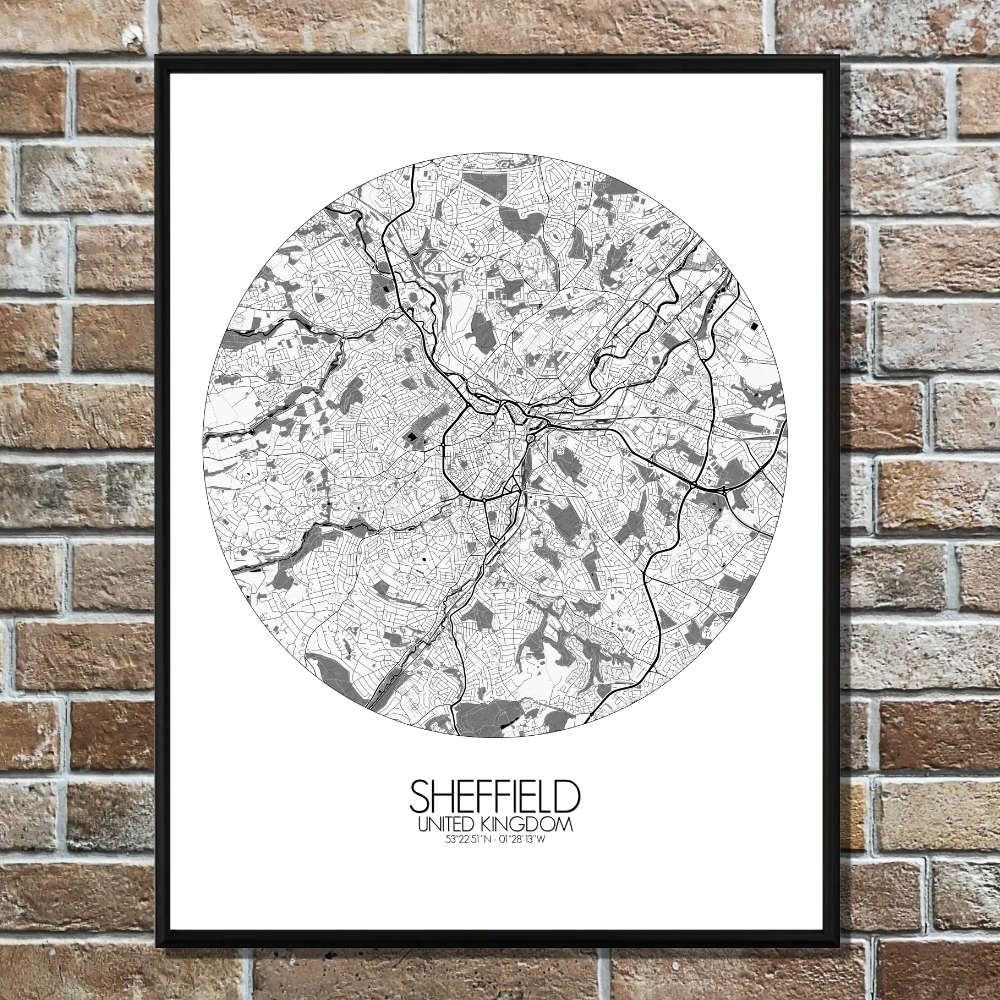 Mapospheres Sheffield Black and White round shape design poster city map