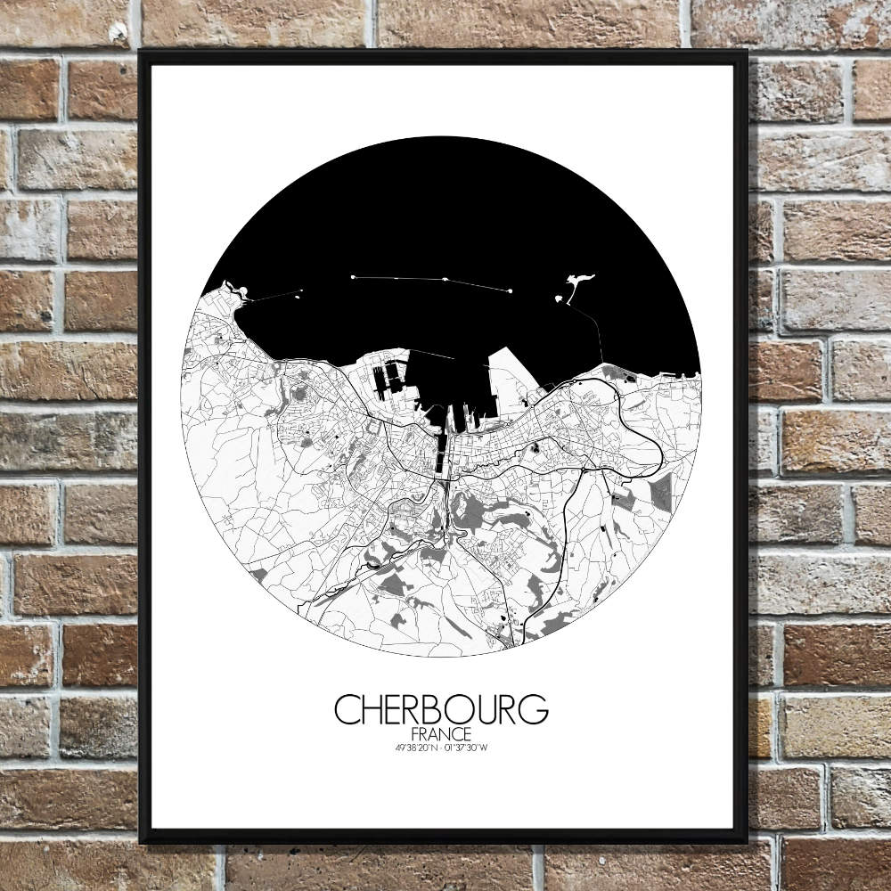 Mapospheres Cherbourg Black and White round shape design poster city map