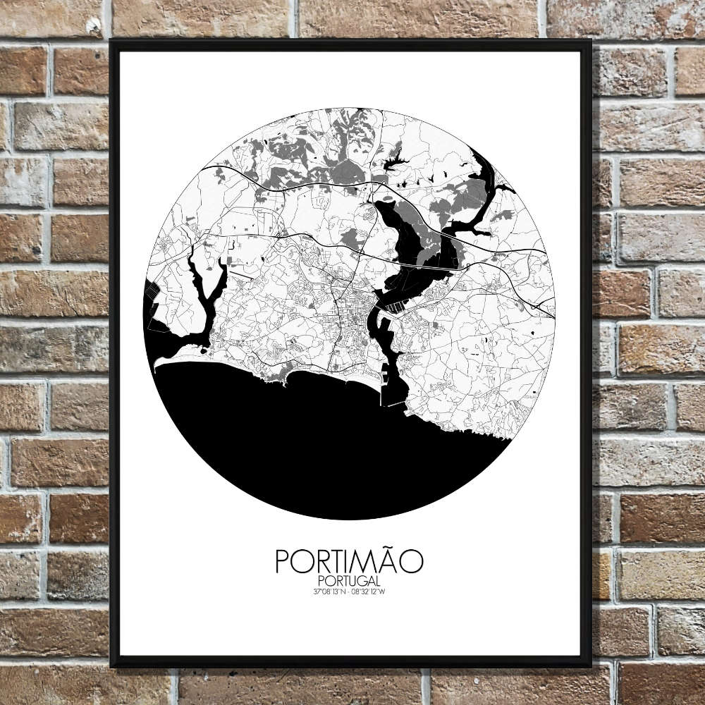 Mapospheres Portimao Black and White round shape design poster city map