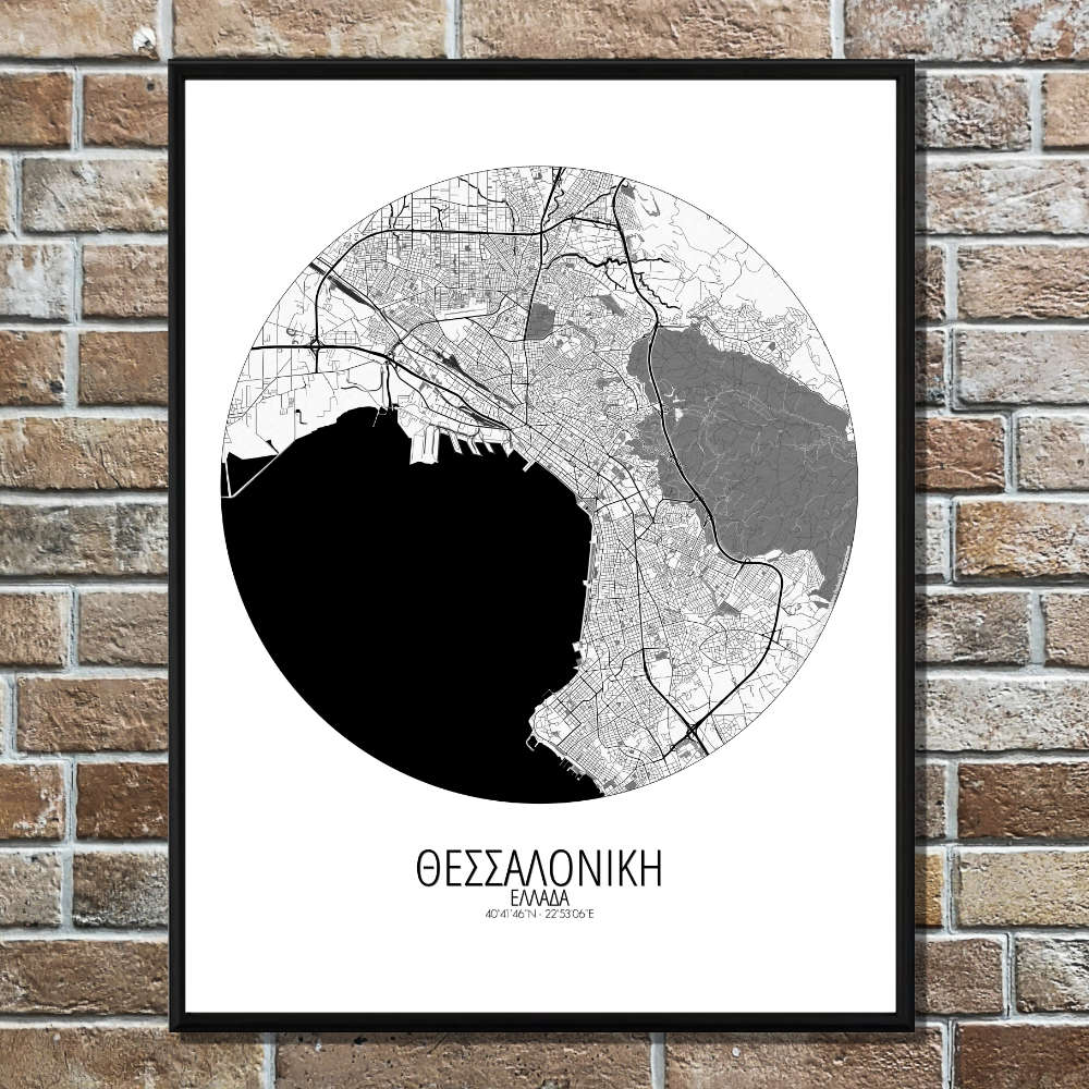 Mapospheres Thessaloniki Black and White round shape design poster city map