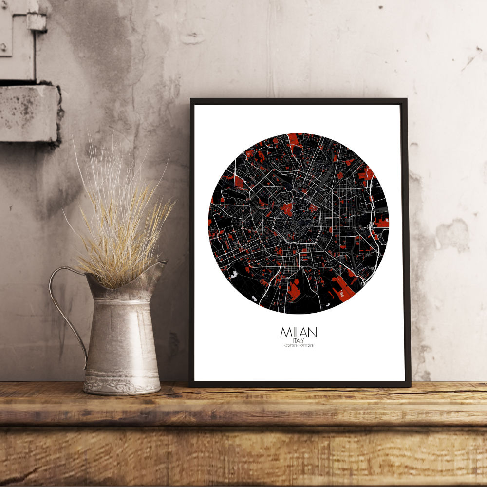 Mapospheres Milan Red dark round shape design poster city map