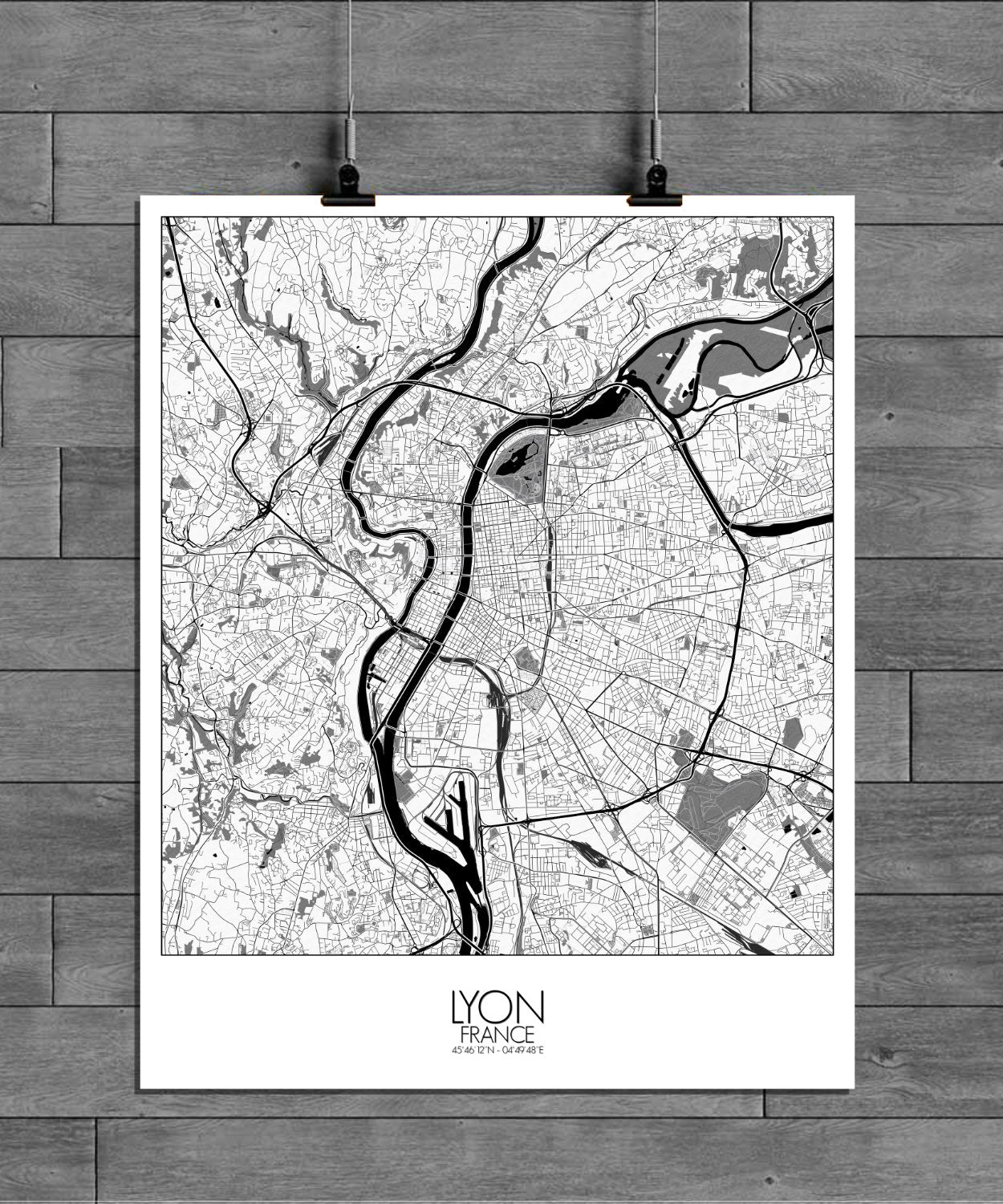 Mapospheres Lyon Black and White full page design poster city map