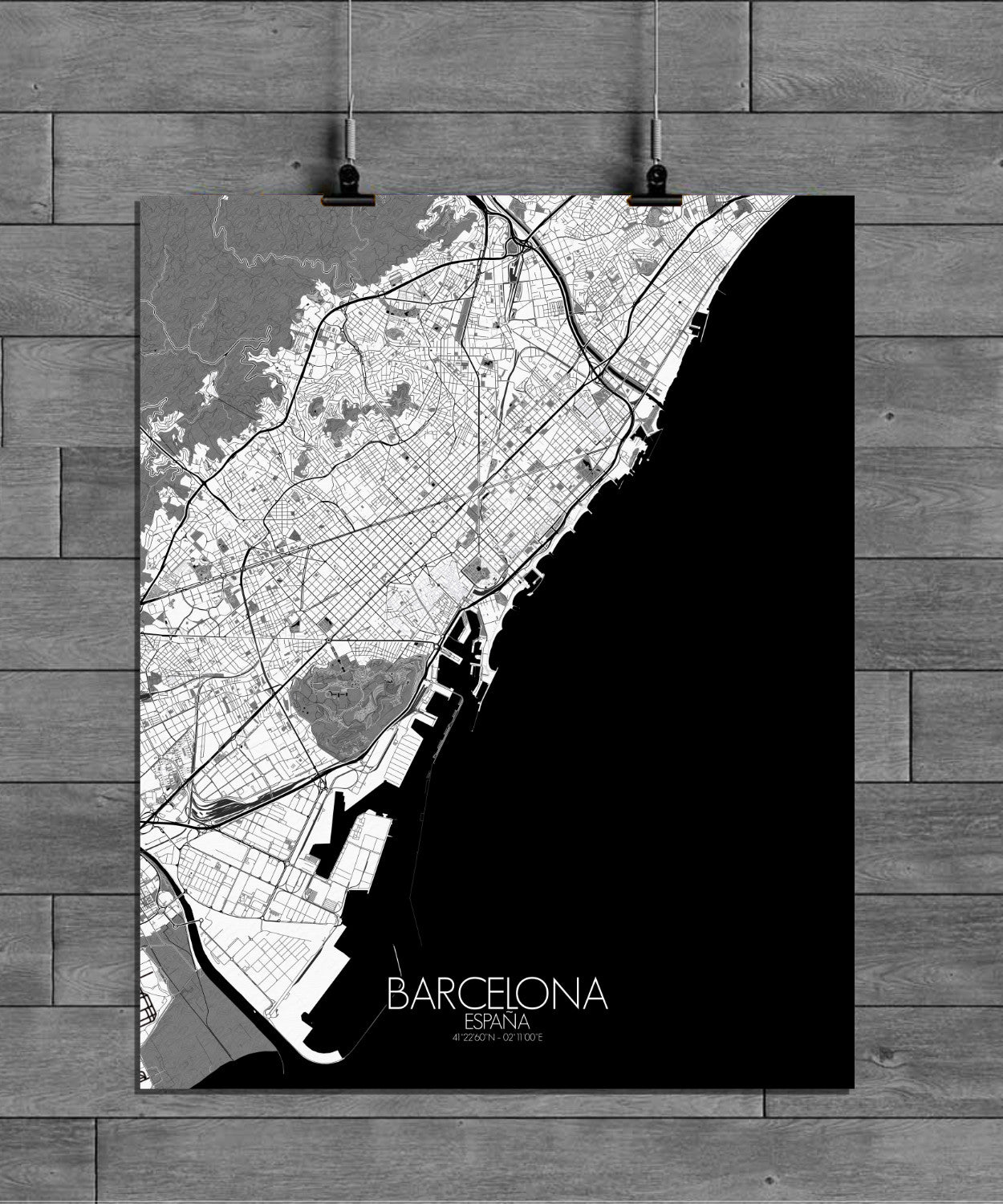 Mapospheres Barcelona Black and White full page design poster affiche city map