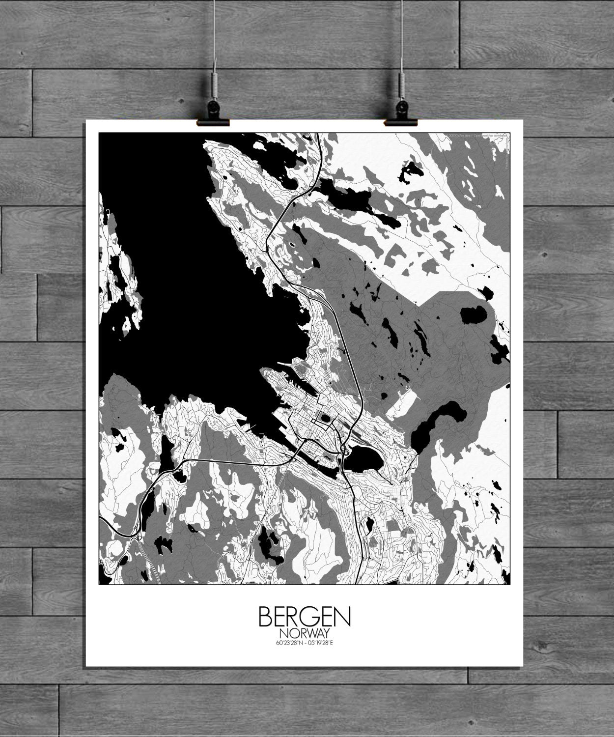 Mapospheres Bergen Black and White full page design poster city map